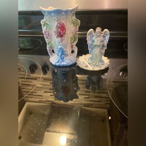 Floral Porcelain Vase and Angel Figurine Set